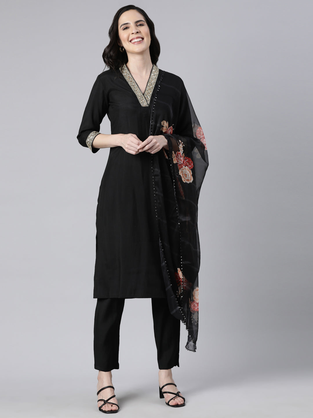 Neerus Black Regular Straight Solid Kurta And  Trousers With Dupatta