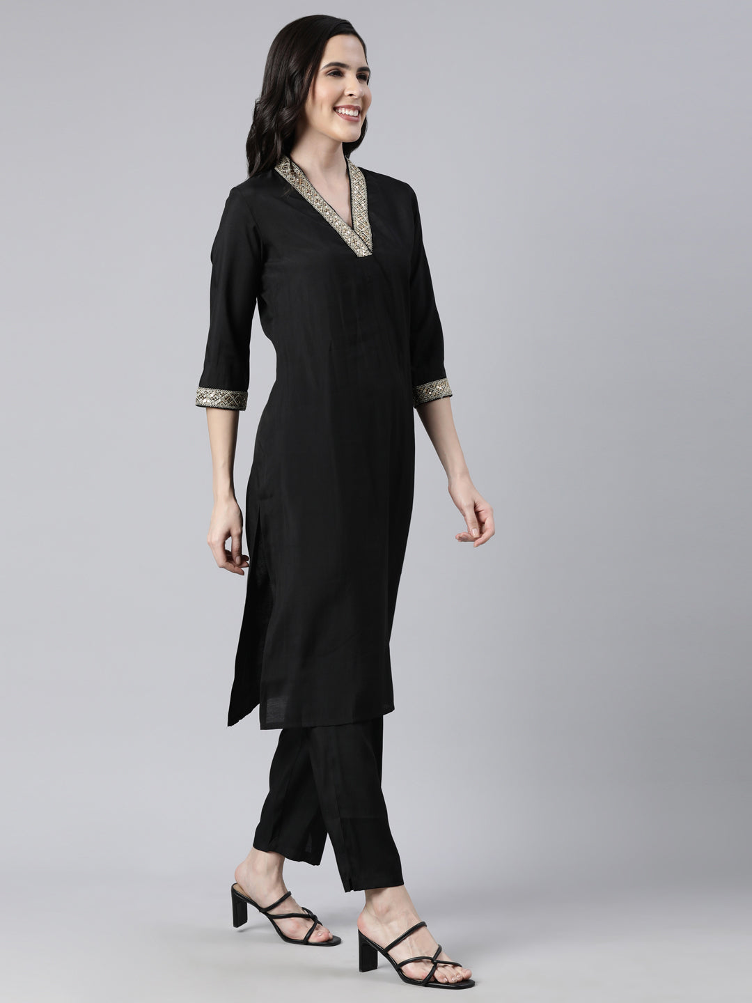 Neerus Black Regular Straight Solid Kurta And  Trousers With Dupatta