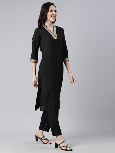 Neerus Black Regular Straight Solid Kurta And  Trousers With Dupatta