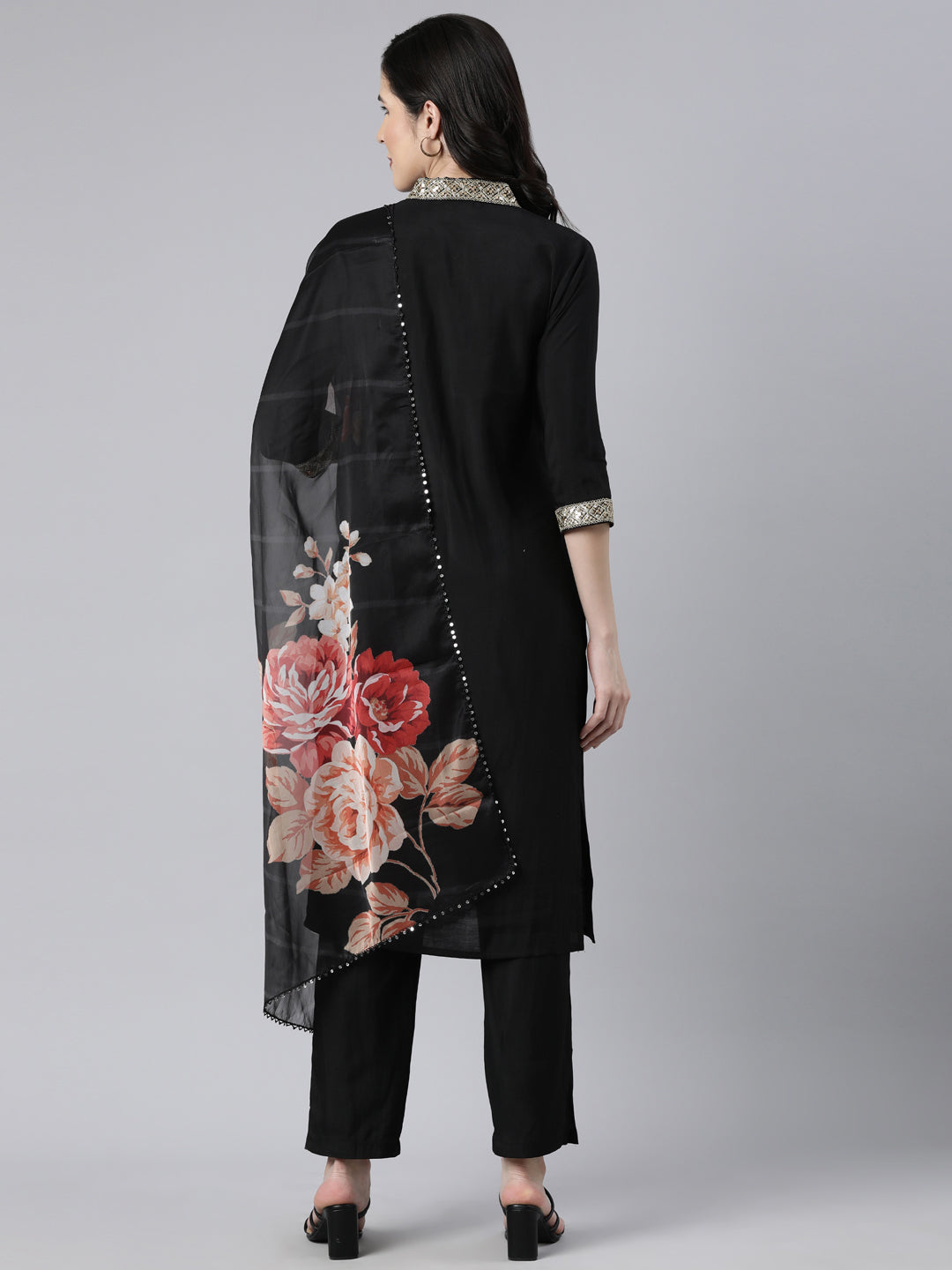 Neerus Black Regular Straight Solid Kurta And  Trousers With Dupatta