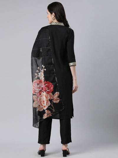 Neerus Black Regular Straight Solid Kurta And  Trousers With Dupatta