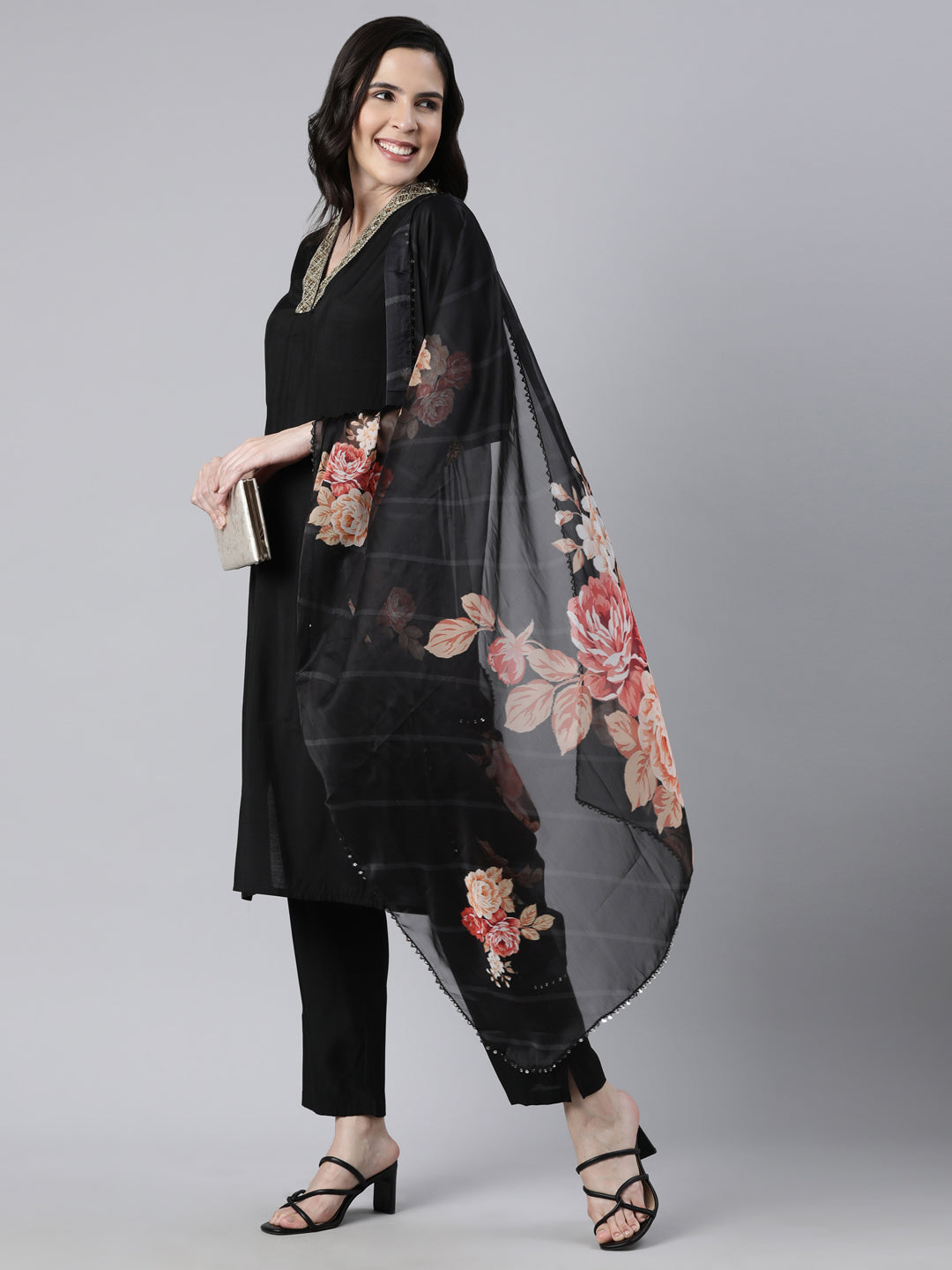 Neerus Black Regular Straight Solid Kurta And  Trousers With Dupatta