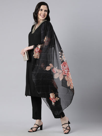 Neerus Black Regular Straight Solid Kurta And  Trousers With Dupatta