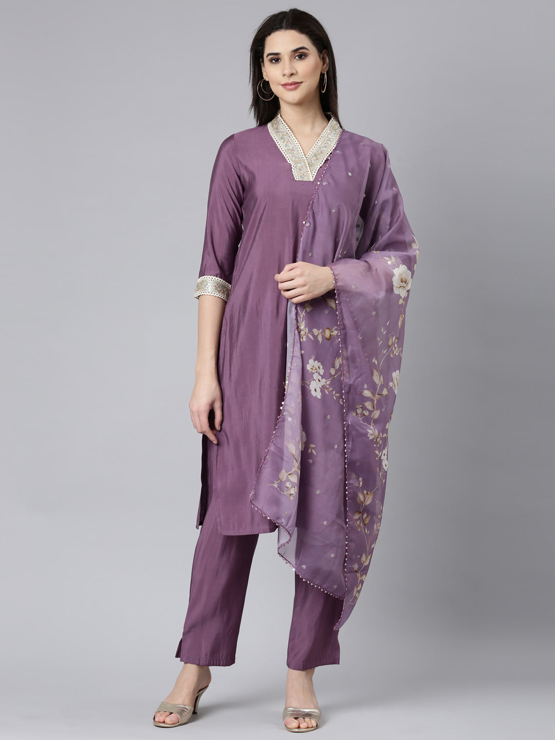 Neerus Lavender Regular Straight Solid Kurta And Trousers With Dupatta