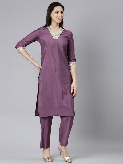 Neerus Lavender Regular Straight Solid Kurta And Trousers With Dupatta