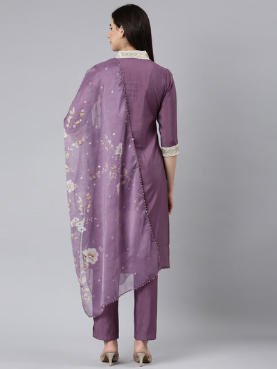 Neerus Lavender Regular Straight Solid Kurta And Trousers With Dupatta