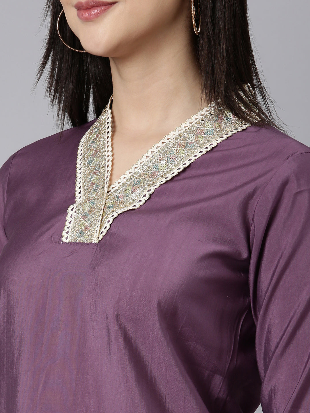 Neerus Lavender Regular Straight Solid Kurta And Trousers With Dupatta