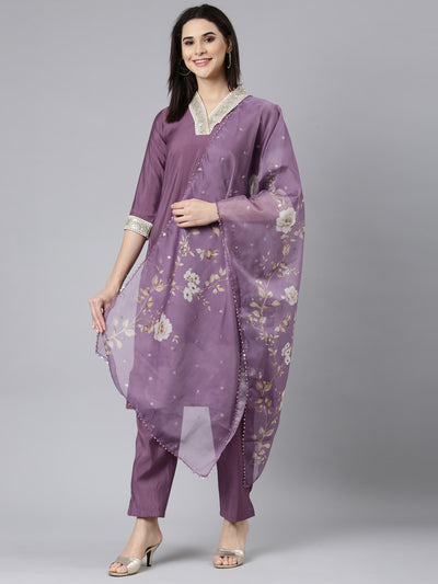 Neerus Lavender Regular Straight Solid Kurta And Trousers With Dupatta