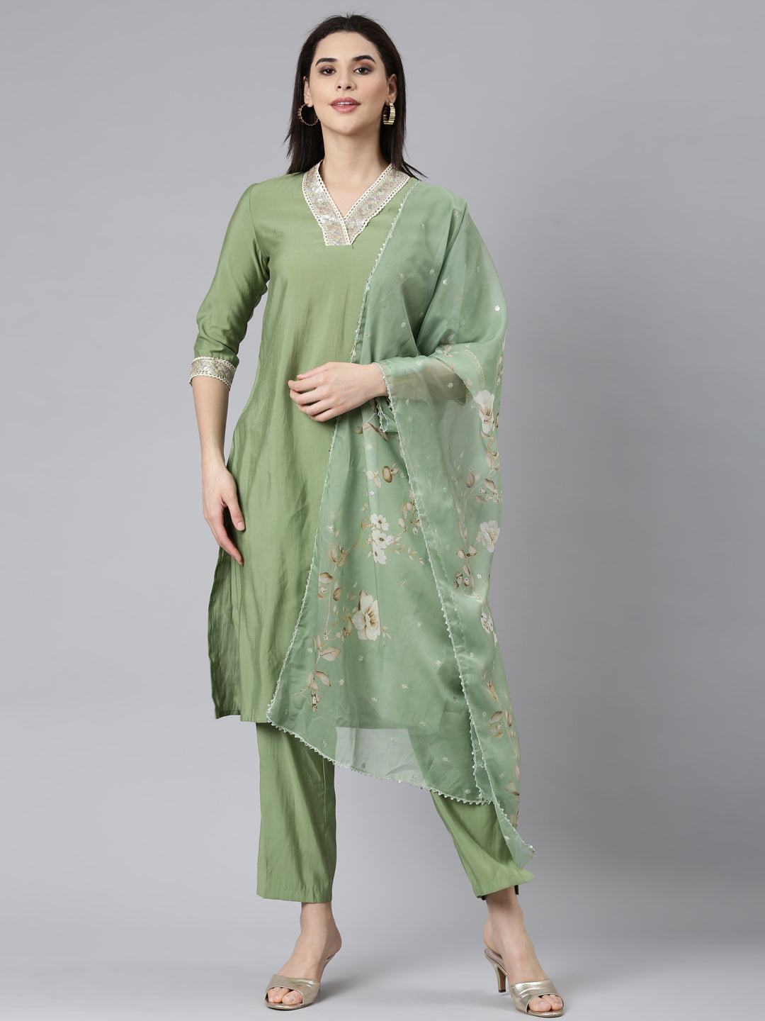 Neerus Green Regular Straight Solid Kurta And Trousers With Dupatta