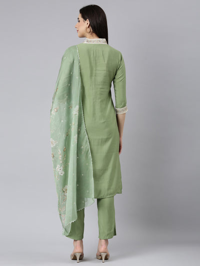 Neerus Green Regular Straight Solid Kurta And Trousers With Dupatta