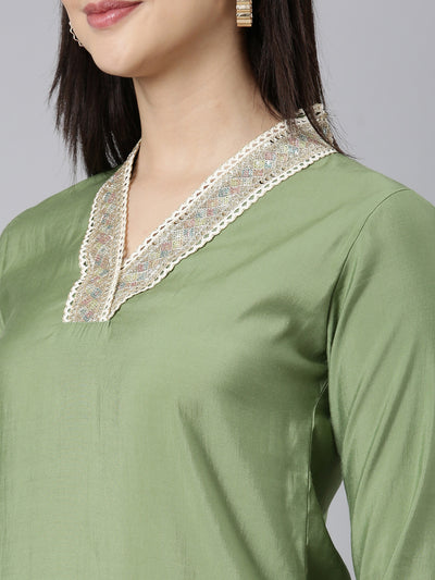 Neerus Green Regular Straight Solid Kurta And Trousers With Dupatta