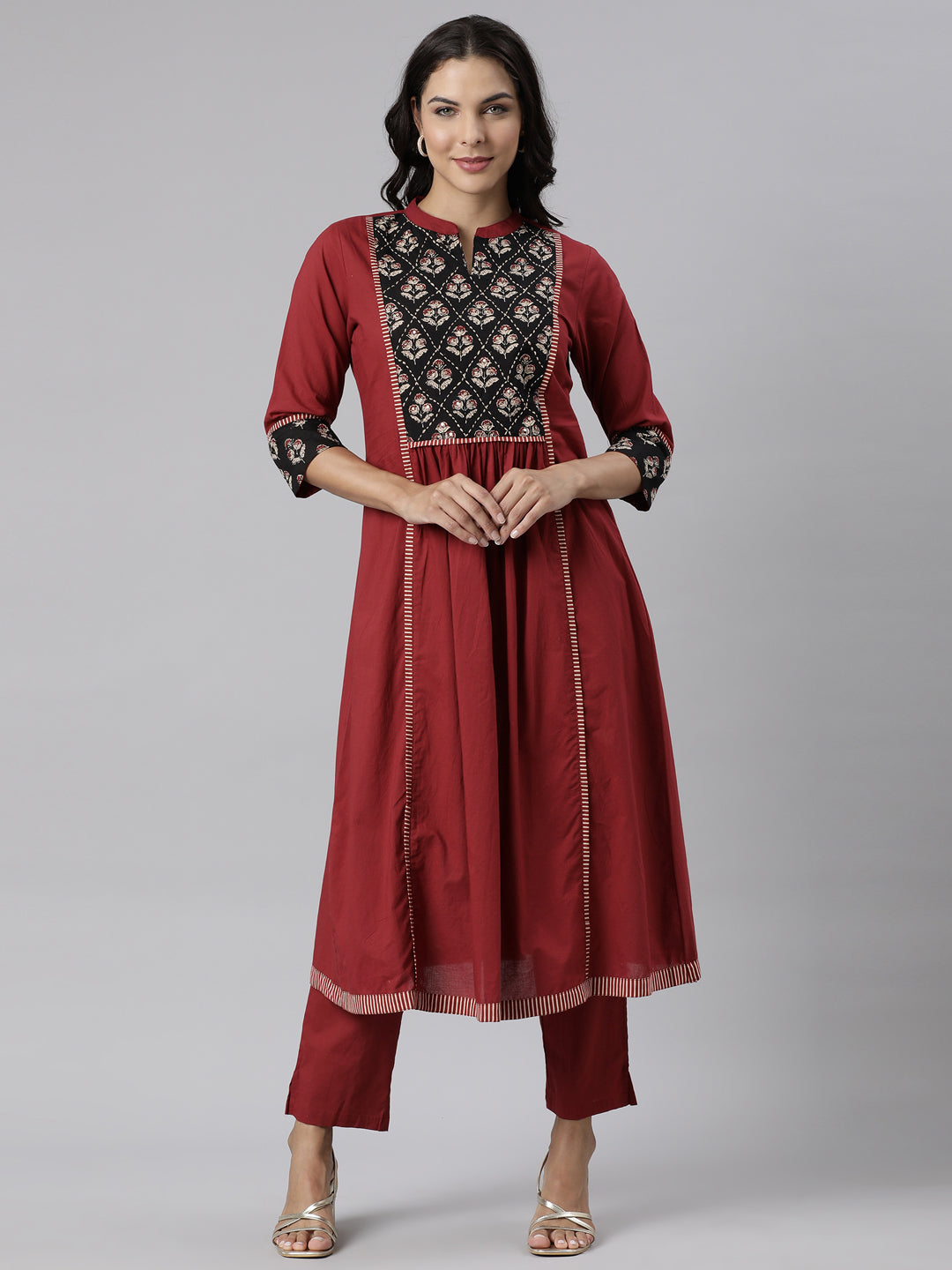 Neerus Maroon Panelled Printed Kurta And Trousers