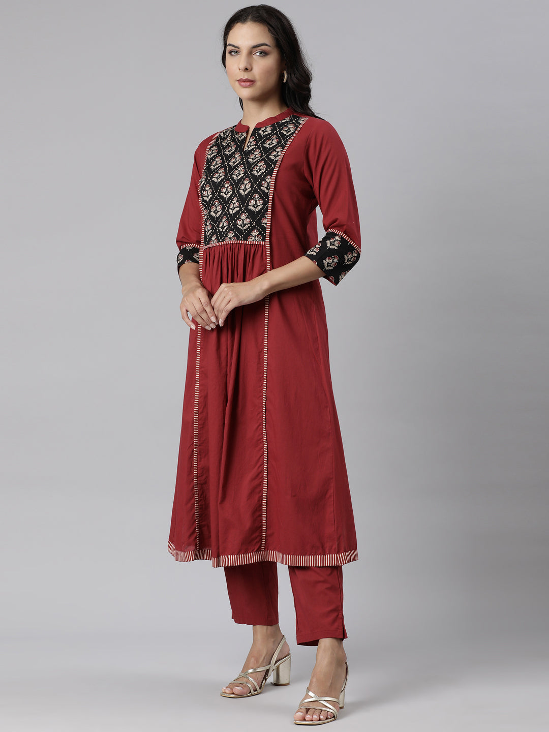 Neerus Maroon Panelled Printed Kurta And Trousers