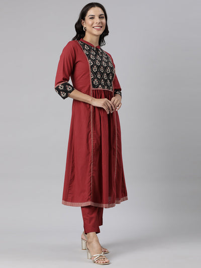 Neerus Maroon Panelled Printed Kurta And Trousers