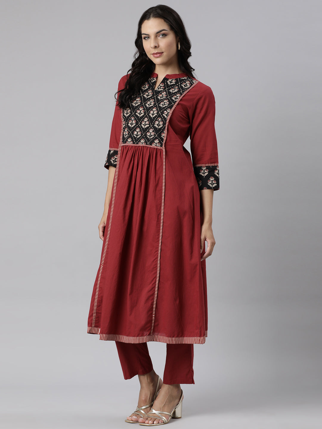 Neerus Maroon Panelled Printed Kurta And Trousers