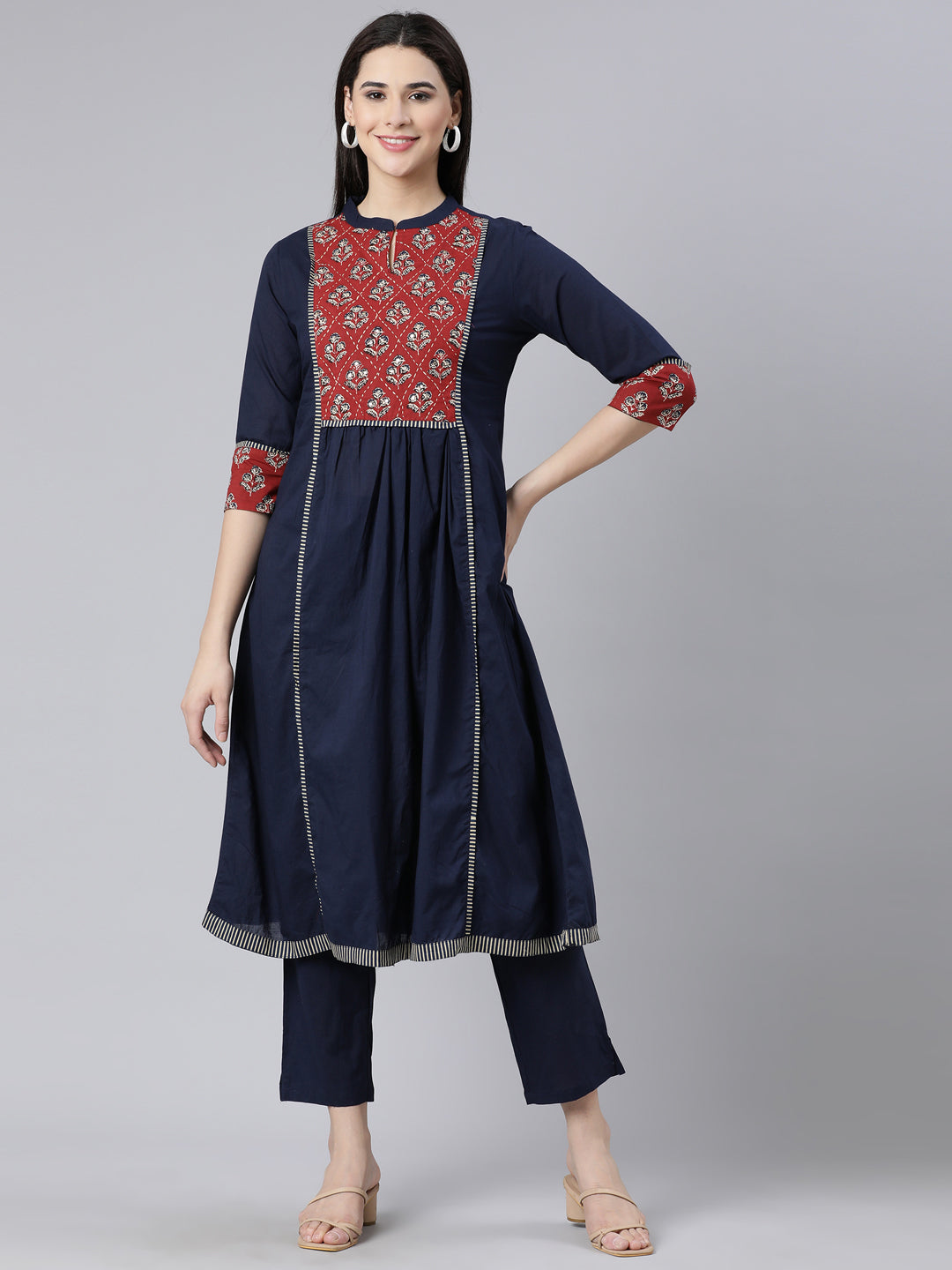 Neerus Navy Blue Panelled Straight Printed Kurta And Trousers