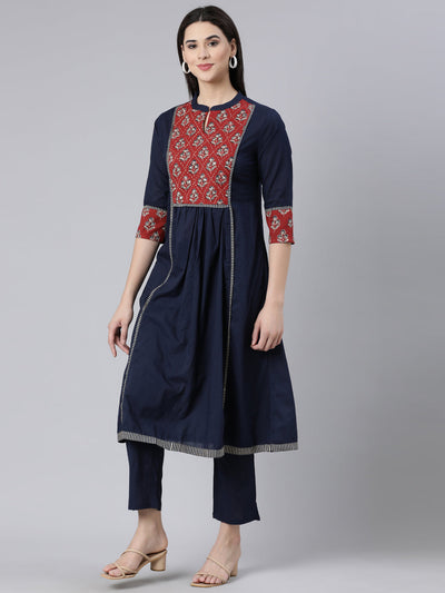 Neerus Navy Blue Panelled Straight Printed Kurta And Trousers