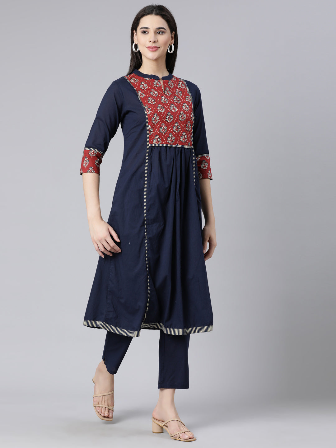 Neerus Navy Blue Panelled Straight Printed Kurta And Trousers