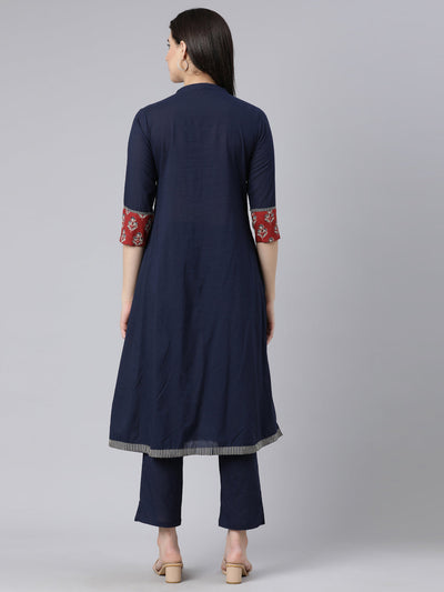 Neerus Navy Blue Panelled Straight Printed Kurta And Trousers