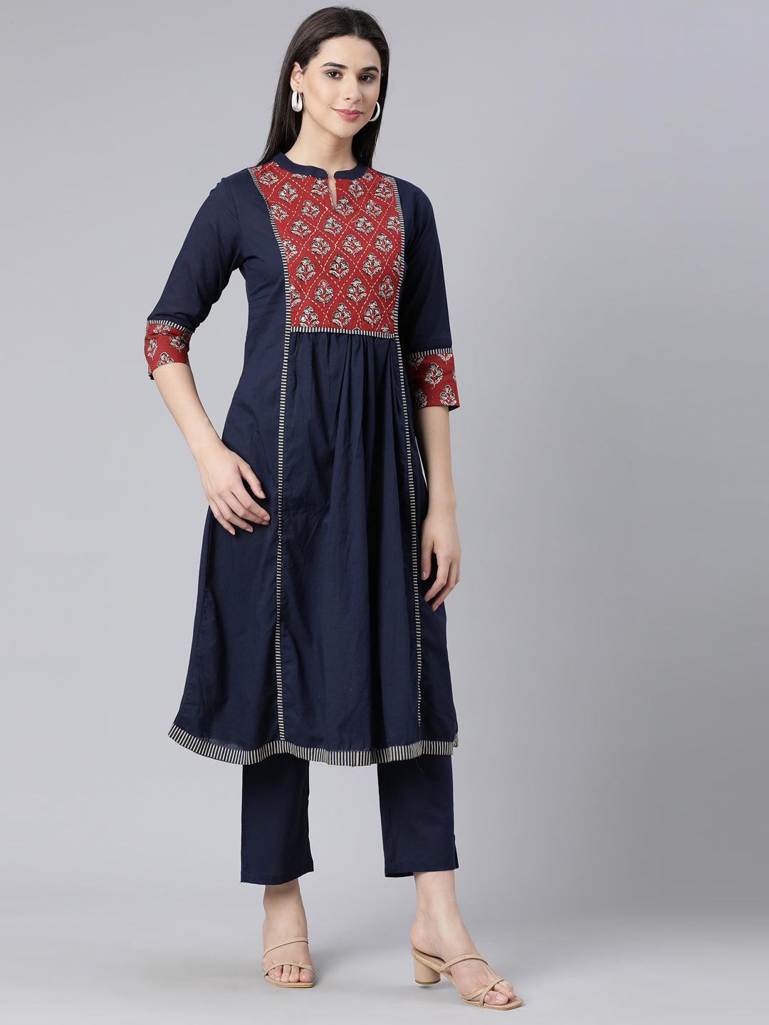 Neerus Navy Blue Panelled Straight Printed Kurta And Trousers