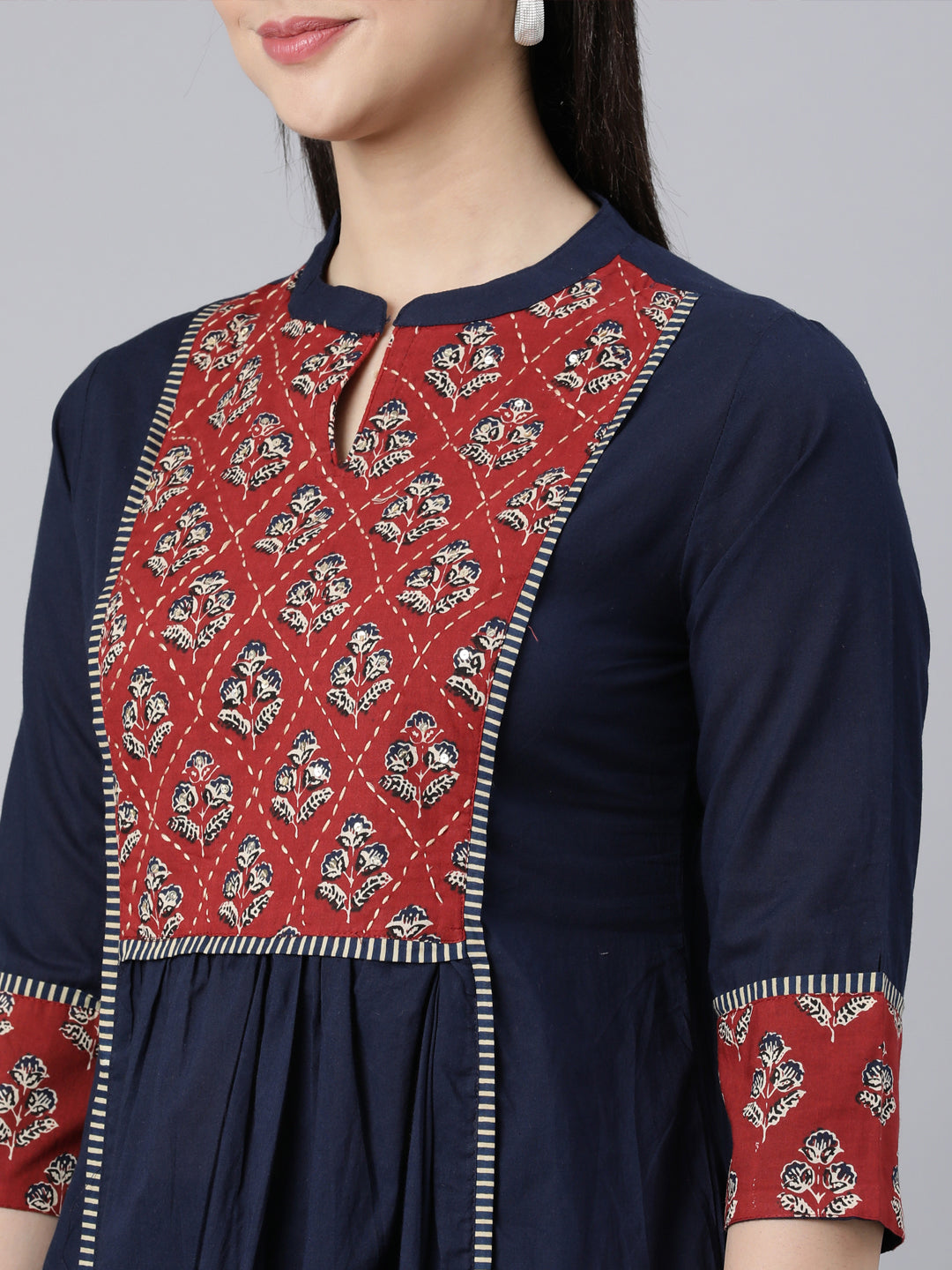 Neerus Navy Blue Panelled Straight Printed Kurta And Trousers