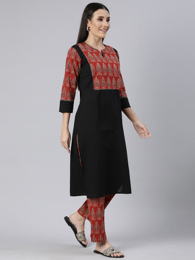 Neerus Black Regular Straight Solid Kurta And  Trousers With Dupatta