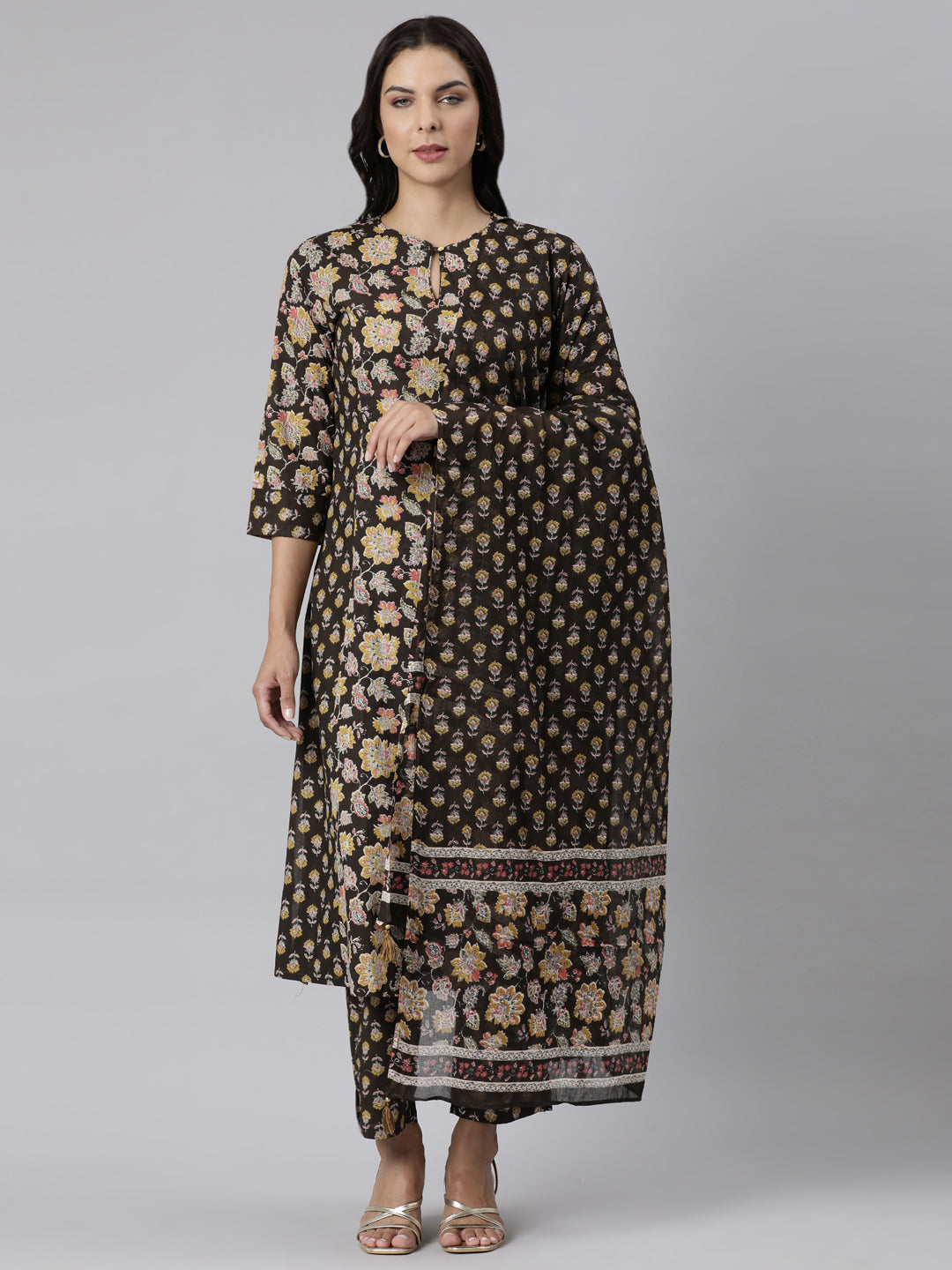 Neerus Brown Panelled Straight Printed Kurta And Trousers With Dupatta