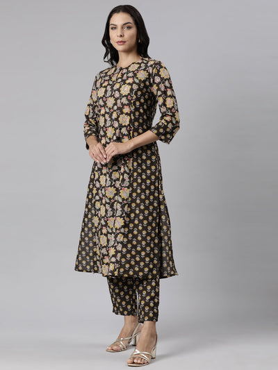 Neerus Brown Panelled Straight Printed Kurta And Trousers With Dupatta