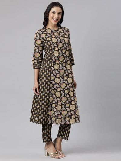 Neerus Brown Panelled Straight Printed Kurta And Trousers With Dupatta