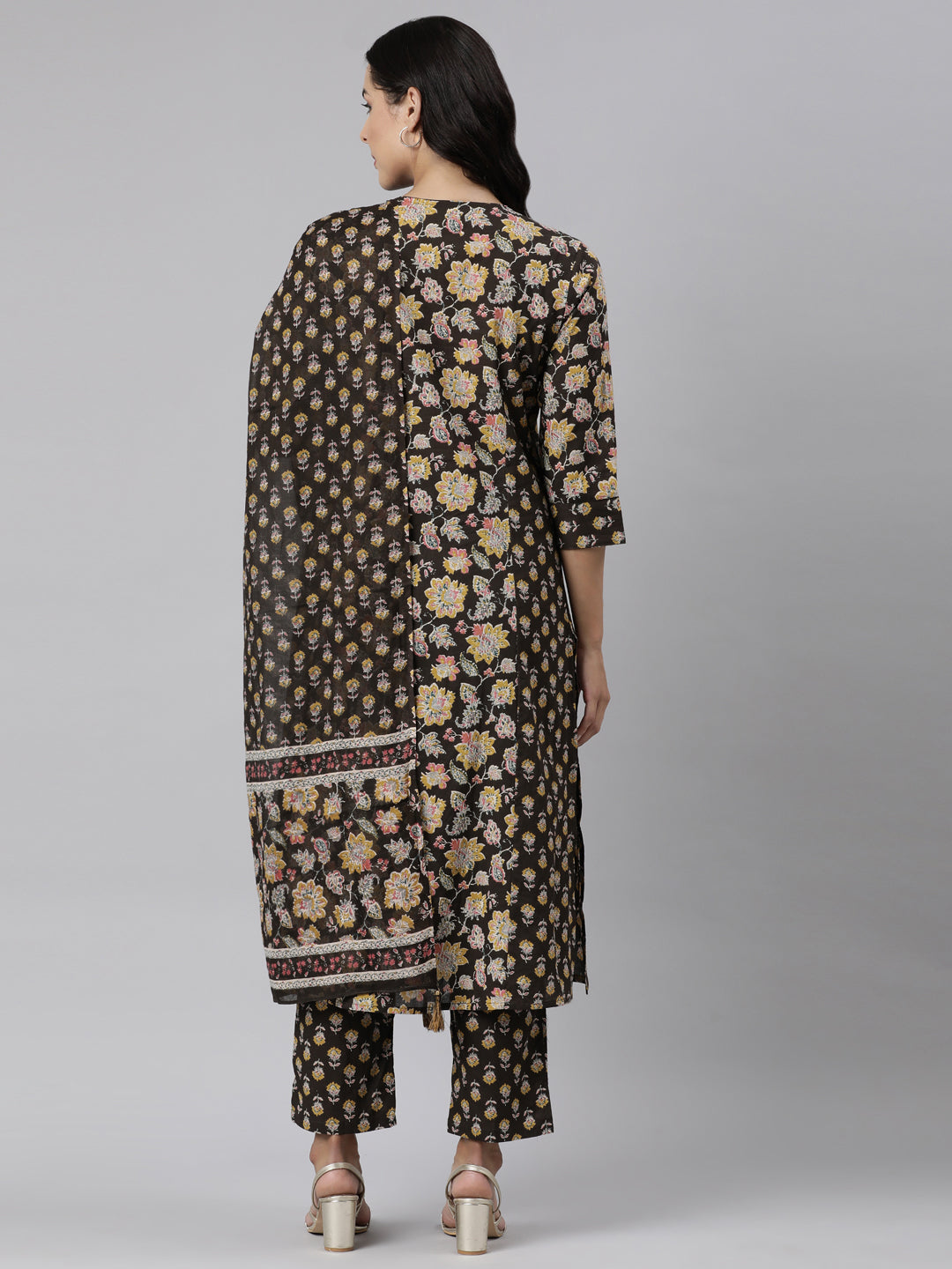 Neerus Brown Panelled Straight Printed Kurta And Trousers With Dupatta