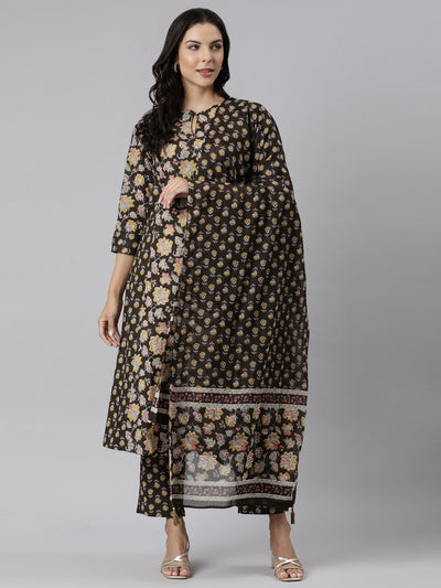 Neerus Brown Panelled Straight Printed Kurta And Trousers With Dupatta