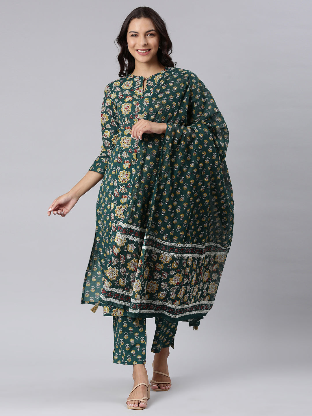 Neerus Green Panelled Straight Printed Kurta And Trousers With Dupatta