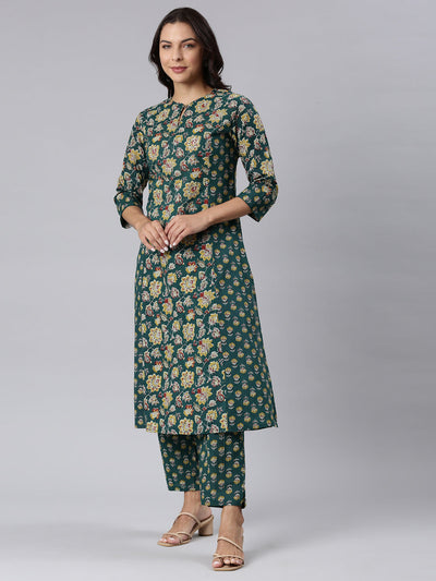 Neerus Green Panelled Straight Printed Kurta And Trousers With Dupatta