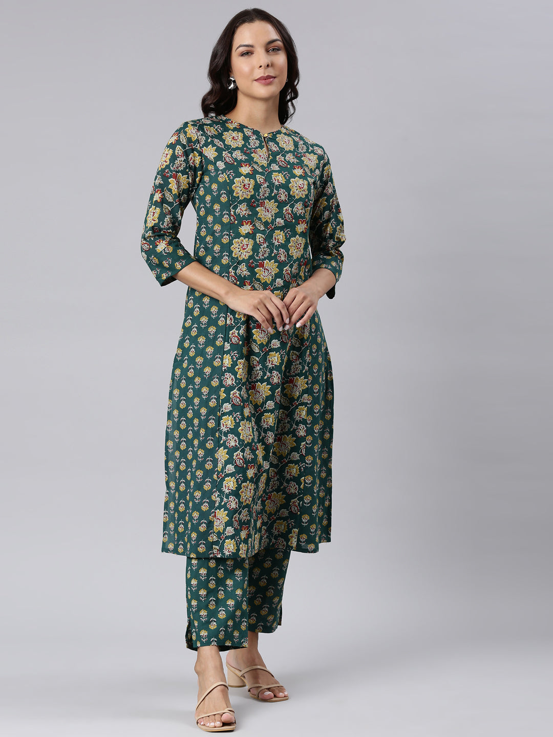 Neerus Green Panelled Straight Printed Kurta And Trousers With Dupatta