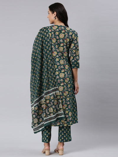 Neerus Green Panelled Straight Printed Kurta And Trousers With Dupatta