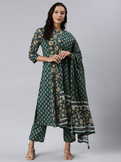 Neerus Green Panelled Straight Printed Kurta And Trousers With Dupatta