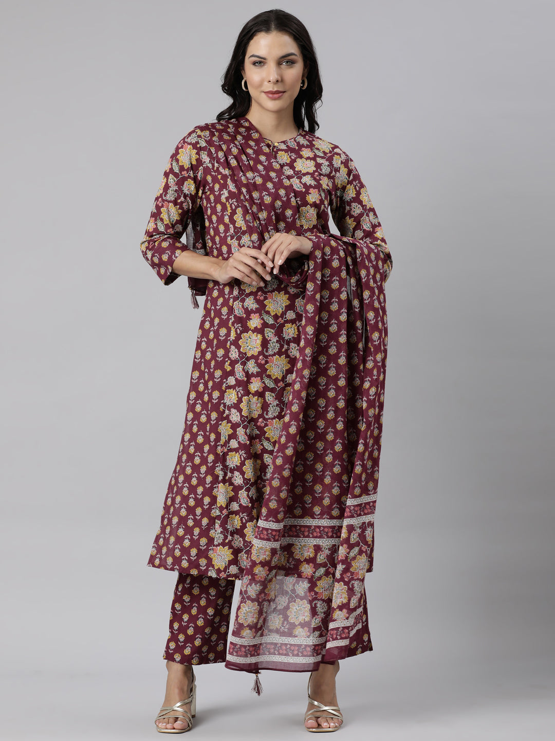 Neerus Purple Panelled Straight Printed Kurta And Trousers With Dupatta