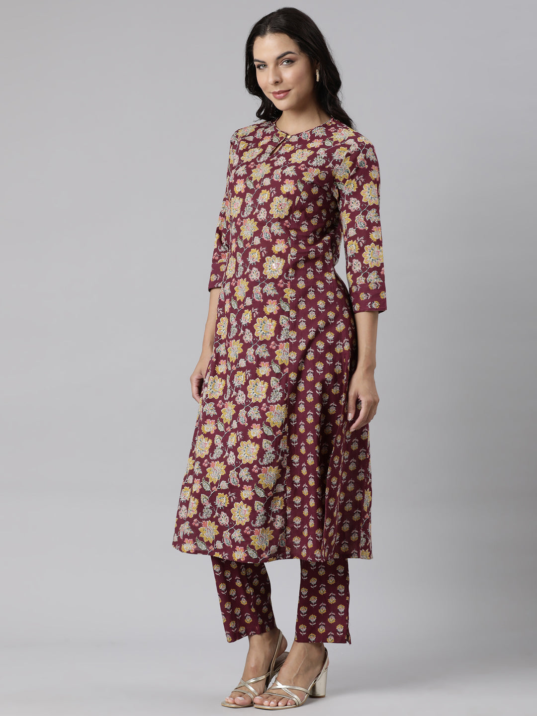 Neerus Purple Panelled Straight Printed Kurta And Trousers With Dupatta