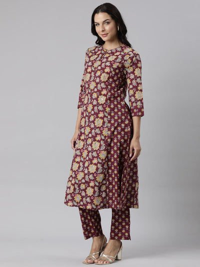 Neerus Purple Panelled Straight Printed Kurta And Trousers With Dupatta