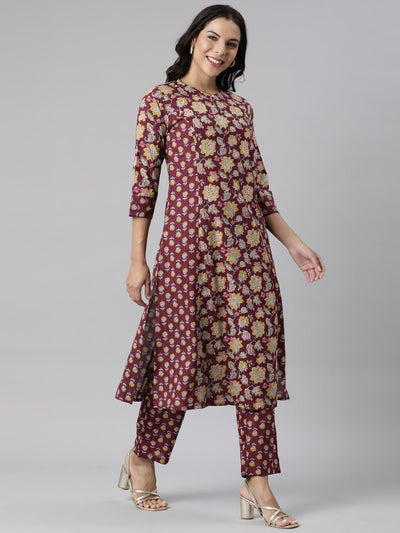 Neerus Purple Panelled Straight Printed Kurta And Trousers With Dupatta