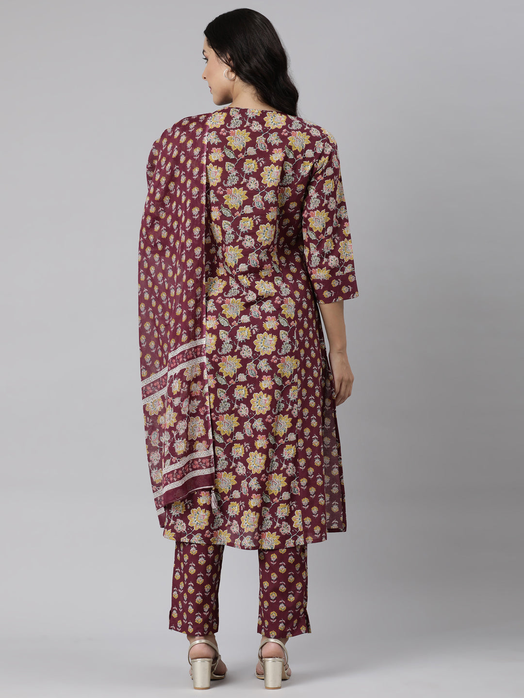 Neerus Purple Panelled Straight Printed Kurta And Trousers With Dupatta