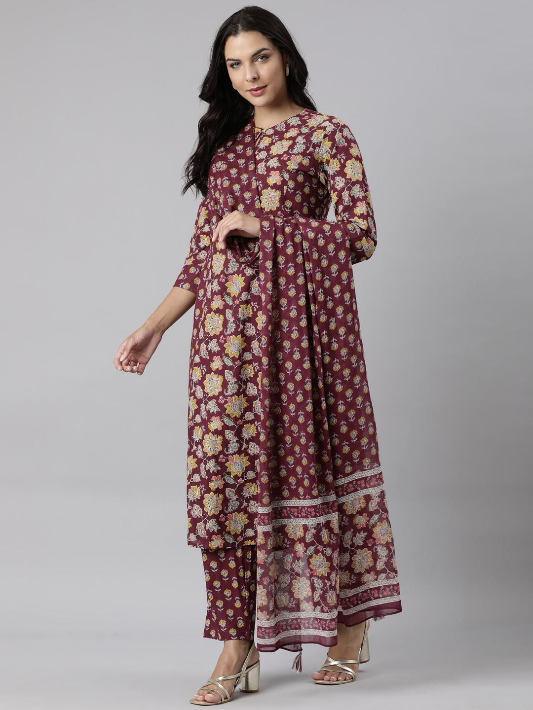 Neerus Purple Panelled Straight Printed Kurta And Trousers With Dupatta