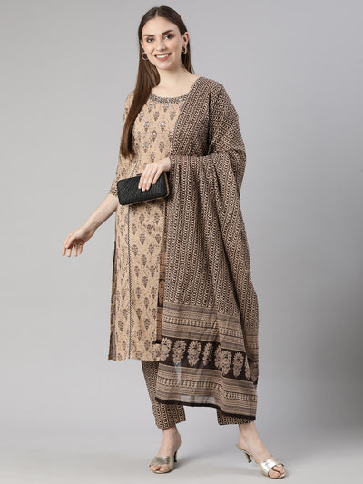 Neerus Black Regular Straight Floral Kurta And  Trousers With Dupatta