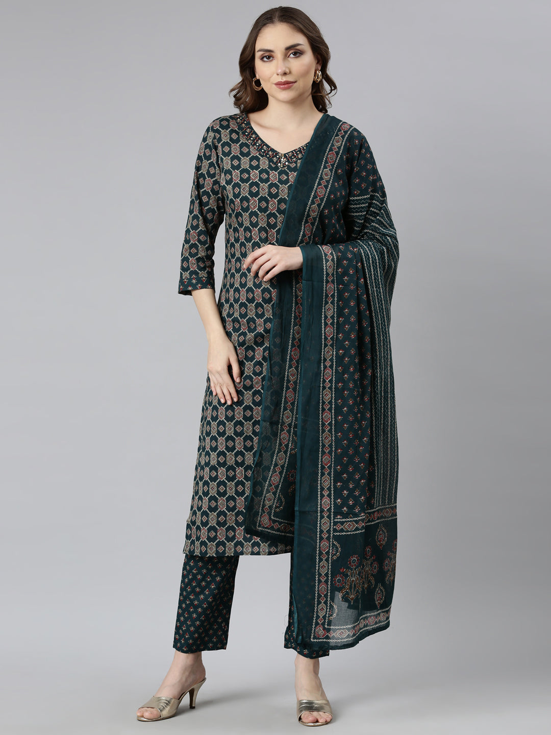 Neerus Green Regular Straight Geometric Kurta And  Trousers With Dupatta