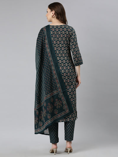 Neerus Green Regular Straight Geometric Kurta And  Trousers With Dupatta