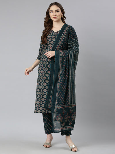 Neerus Green Regular Straight Geometric Kurta And  Trousers With Dupatta