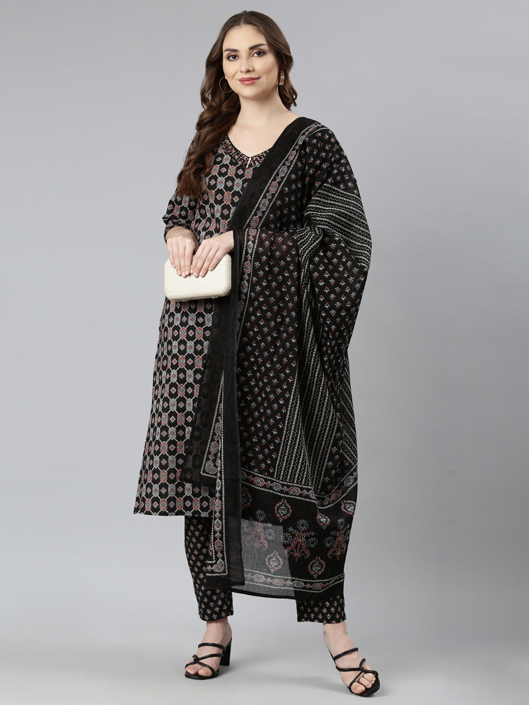 Neerus Black Regular Straight Geometric Kurta And  Trousers With Dupatta