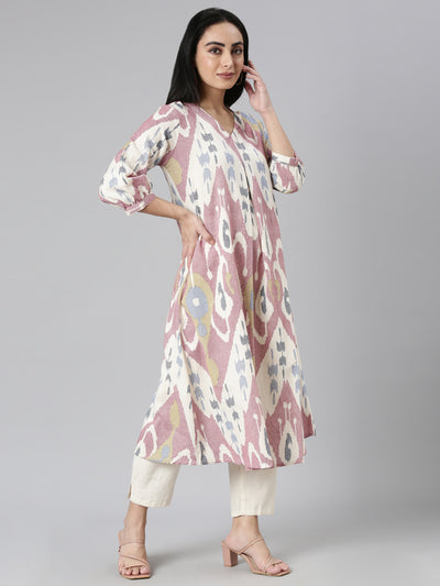 Neerus Pink Regular Straight Printed Kurta and Trousers