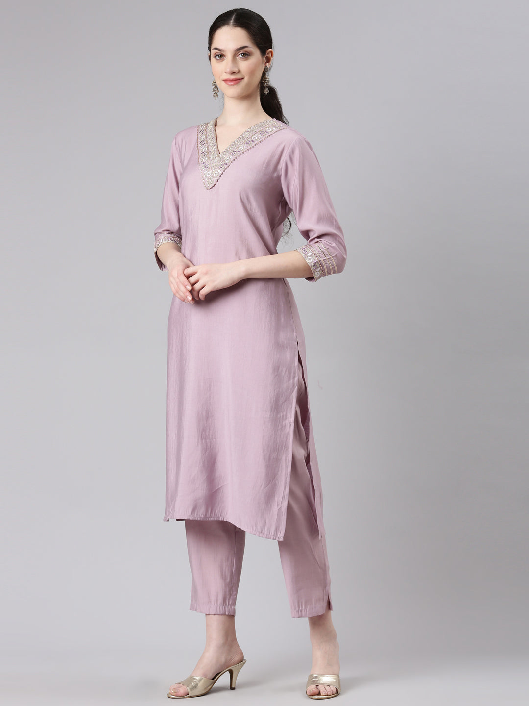 Neerus Women Purple Straight Kurta and Trousers With Dupatta