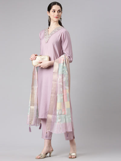 Neerus Women Purple Straight Kurta and Trousers With Dupatta